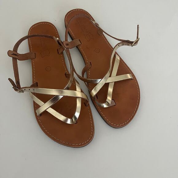 Tsakiris Sandal Made in Greece Women's 41 US 10 Leather Gold Strappy Thong - Picture 5 of 7